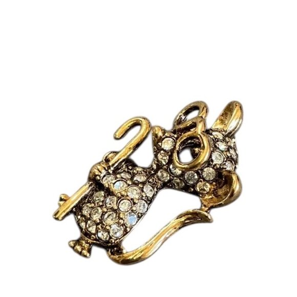 Vintage Gold Tone Jeweled Rhinestone Mouse with Glasses and Cane Brooch - Picture 4 of 6